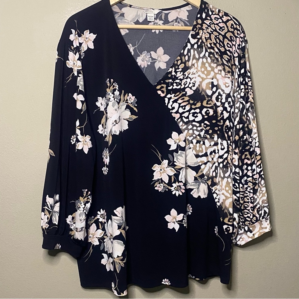 Cato V-Neck Blouse Women 18/20W Black Dark Floral Animal Print Long Sleeve